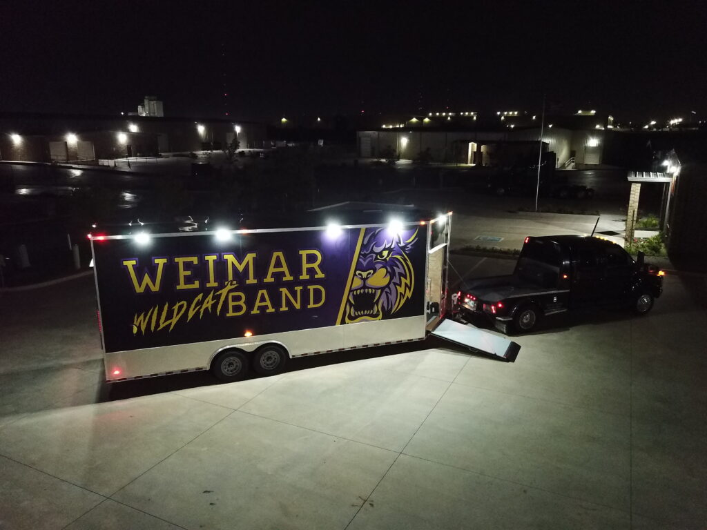 Upgraded exterior lighting for Weimar marching band. Flood lights for small bumper trailer solution. 