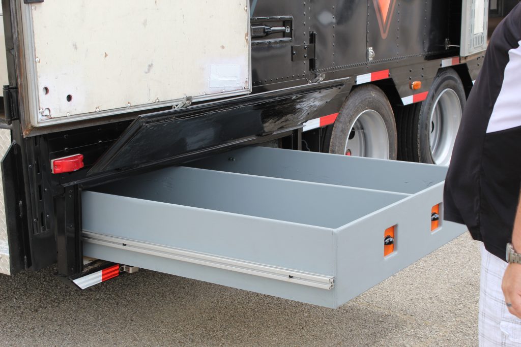 Color Guard Flag and Rifle Storage in High School Semi Trailer Bellybox Storage Drawers