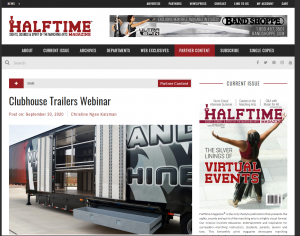 Halftime Magazine September Article. Clubhouse Trailers online webinar live discussing marching band semi equipment trailers