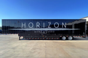 Horizon high school marching band semi trailer with electric ramp and custom vinyl graphic wrap