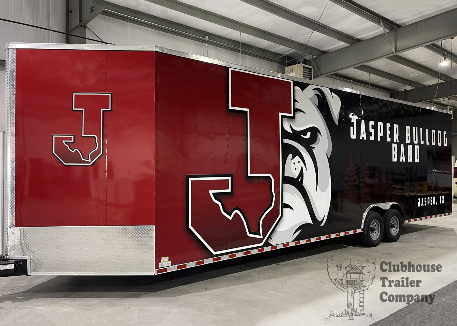 Jasper High School marching band bumper pull trailer Texas, with custom vinyl wrap with Bulldog logo