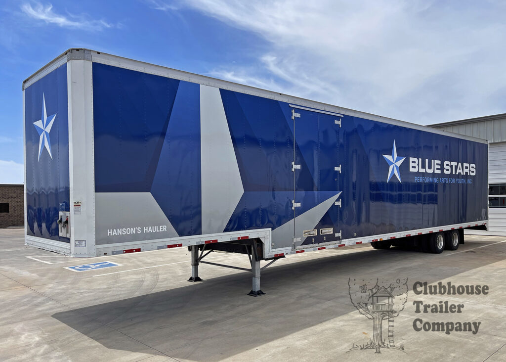 Blue Stars Drum & Bugle Corps Marching Band Semi Equipment Moving Trailer Exterior Blue Grey Vinyl Graphic Wrap. Drum Corps International equipment trailer