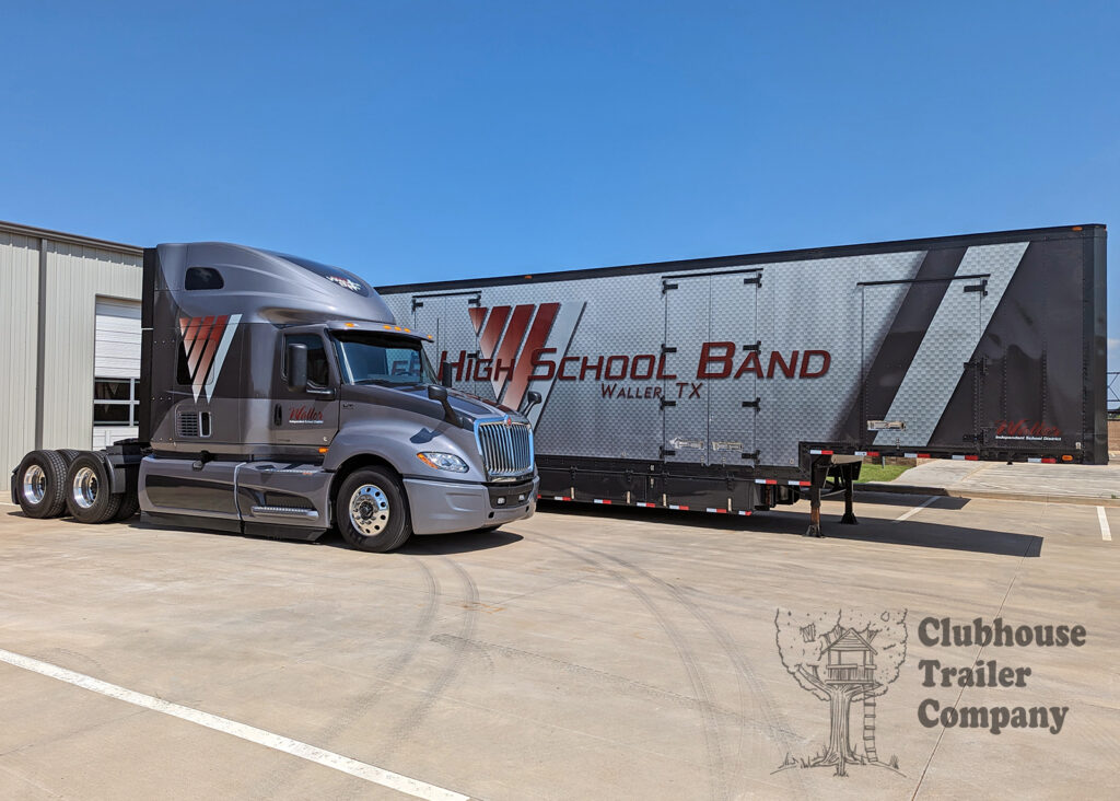 Waller High School Marching Band Semi Equipment Moving Trailer Exterior grey and maroon Vinyl Graphic Wrap and custom tractor