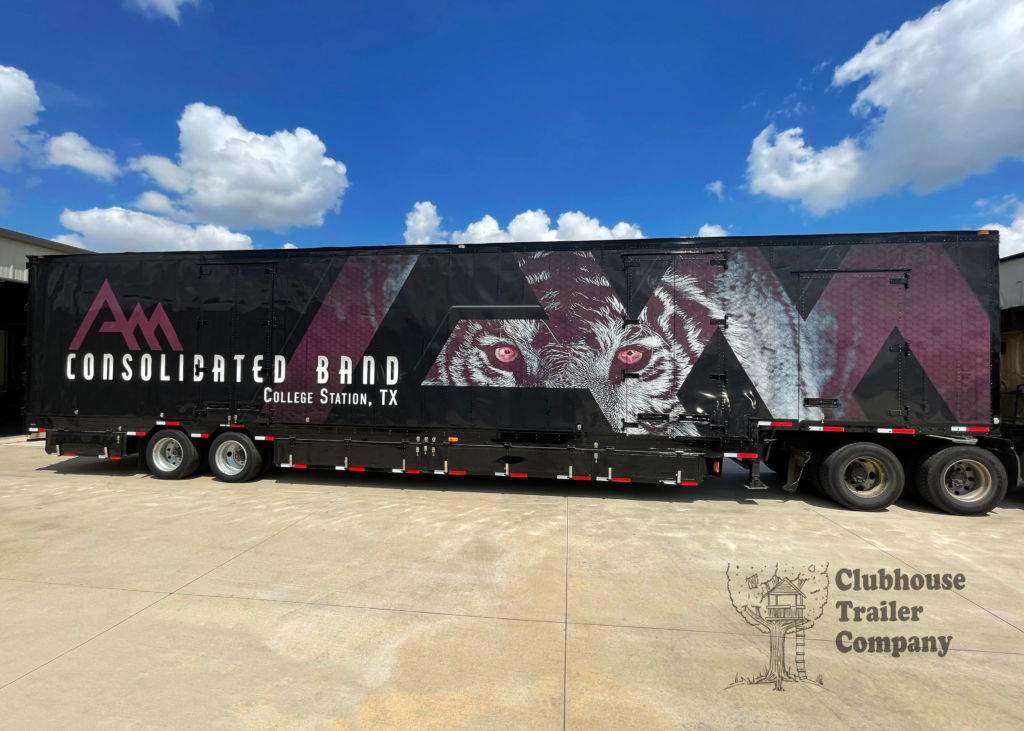 High School marching band semi trailer with custom layout and design for transportation solutions of uniforms, instruments, props, ensemble, and more.