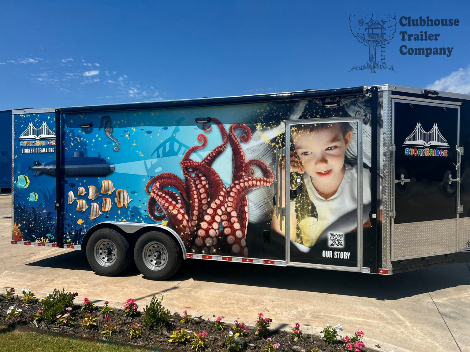 Storybridge Non-Profit mobile library bumper pull trailer with custom vinyl wrap