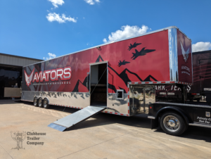 Cedar Valley high school marching band gooseneck equipment trailer with custom graphic design wrap. Small trailer solution for bands