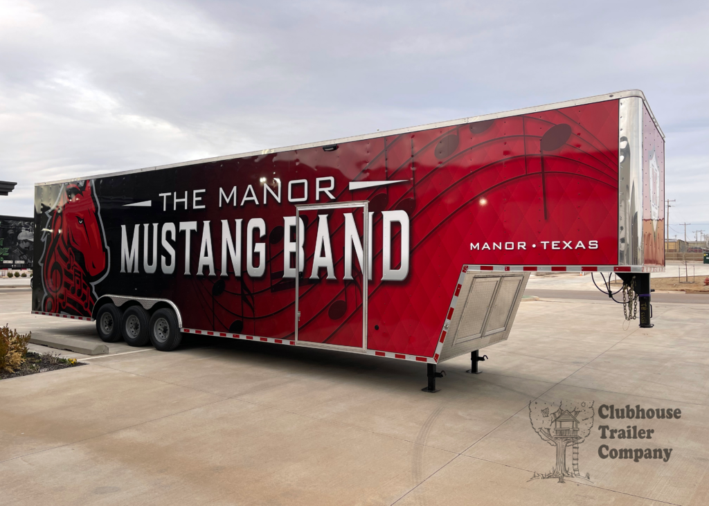Manor High School Mustang Marching band gooseneck trailer with red custom graphic vinyl wrap