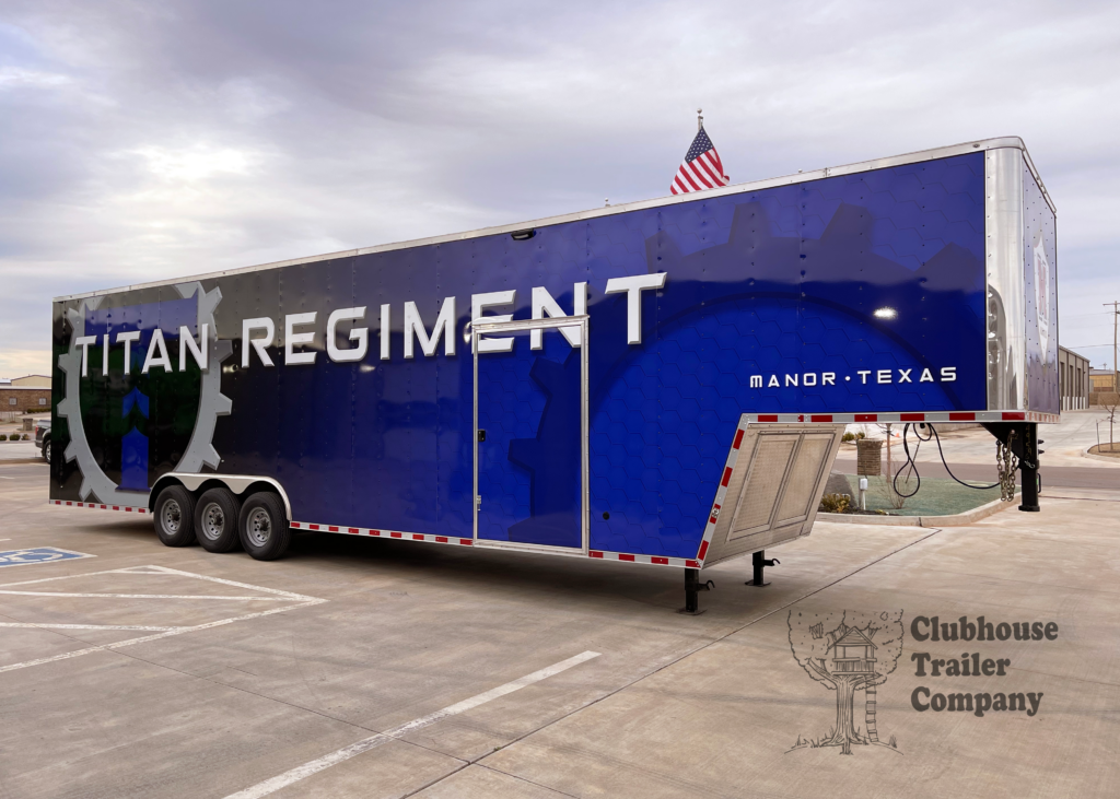 Manor New Tech High School Titan Regiment small trailer solution gooseneck. Equipment, prop, uniform, ensemble, and instrument storage.
