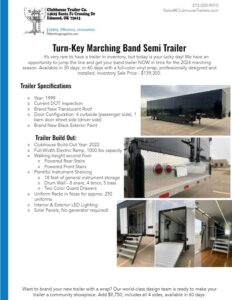 Marching band semi trailer for sale custom battery, drum, and instrument shelving, uniform storage, second floor, lighting, powered ramp, stairs, director's perch, tuba lift, vinyl graphic wrap black