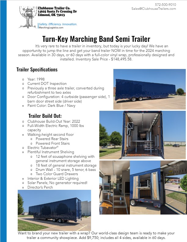 Marching band semi trailer for sale custom battery, drum, and instrument shelving, uniform storage, second floor, lighting, powered ramp, stairs, director's perch, tuba lift, vinyl graphic wrap blue navy