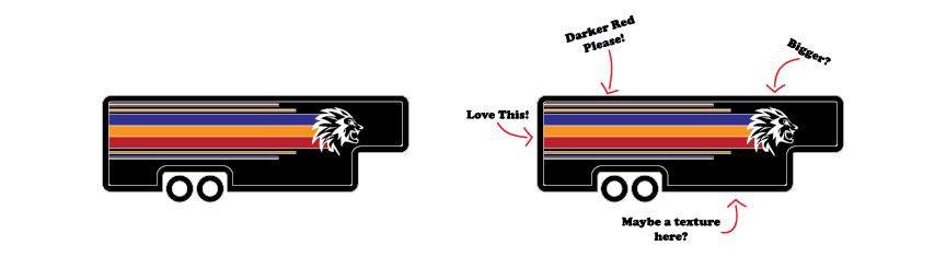 Illustration of the editing process for custom graphics for marching band trailer wraps.