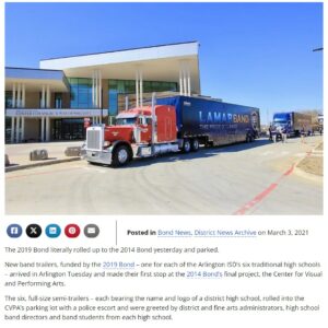 Arlington, Texas marching band semi trailer press release announcement.
