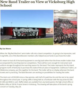Vicksburg high school marching band semi trailer press release announcement