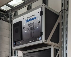 Battery cabinet for solar power in clubhouse marching band semi trailer.