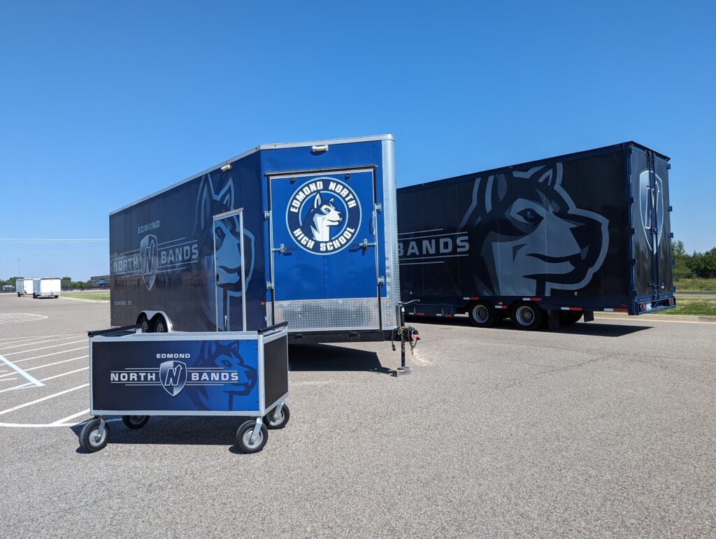 Custom wrapped instrument or piano cart to compliment a Clubhouse Trailers small trailer with wrap and semi trailer.