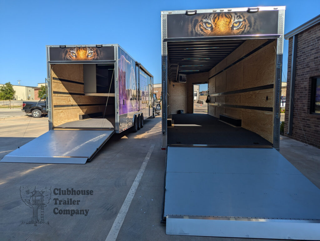 Interior of two marching band equipment trailers