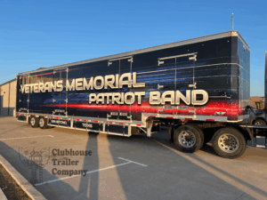 Veterans Memorial High School Patriot Band semi trailer with custom interior build with drum wall and shelving