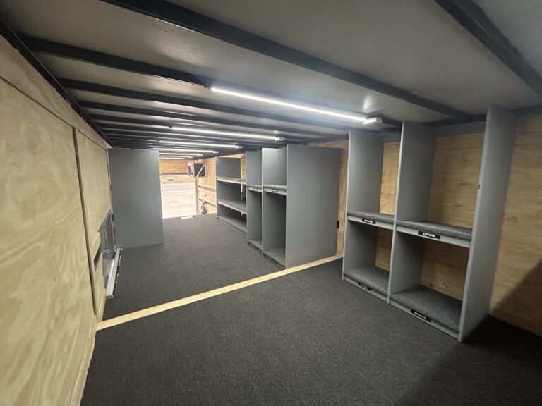 Franklin High School Gooseneck Band Trailer with customized drumline and instrument shelving.