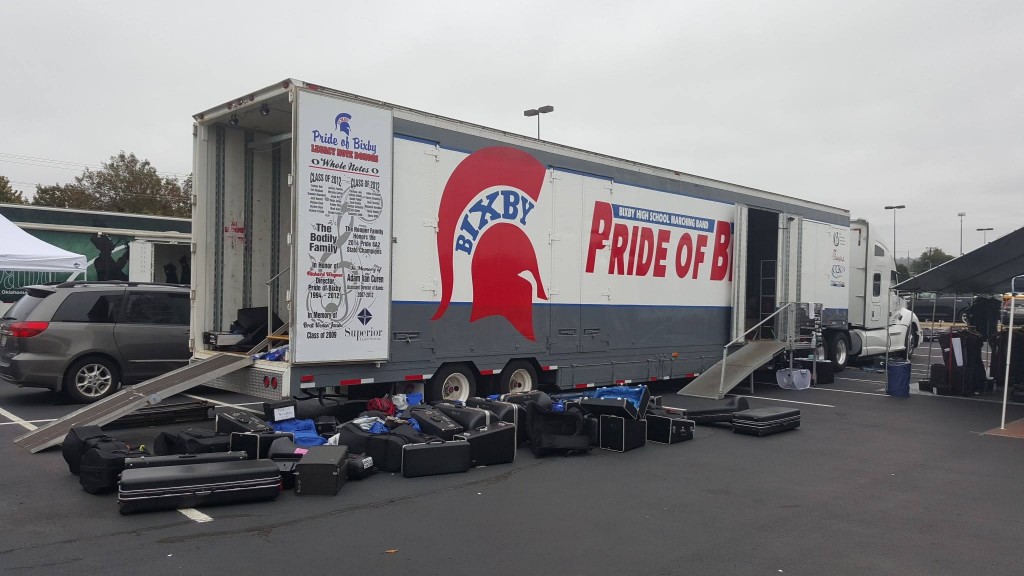 Bixby High School Marching Equipment Trailer set-up at State Competition in 2015.