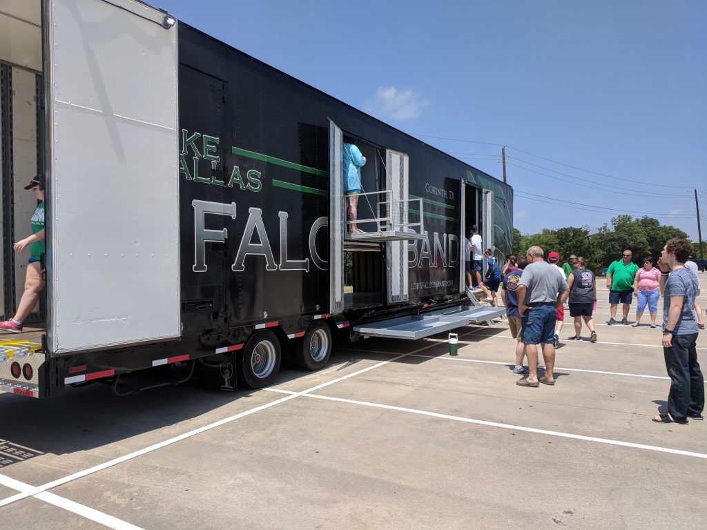 Lake Dallas High School Falcon Band Semi Equipment Trailer on display for walk through tours during their unveiling!