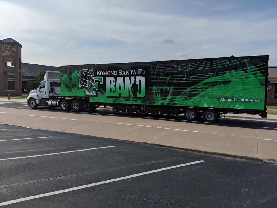 Santa Fe High School Marching Band Semi Trailer Moving Van Exterior Graphics Vinyl Wrap Green Black